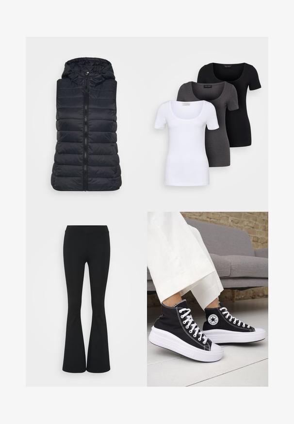 Schwarze gepolsterte Weste mit Kapuze, zentralem Reißverschluss, horizontaler Steppstruktur und ohne Ärmel. Ideal für das Tragen in kühlem Wetter.; Drei figurbetonte T-Shirts in Weiß, Grau und Schwarz. Jedes hat einen weiten Rundhalsausschnitt und kurze Ärmel. Hergestellt aus glattem, elastischem Stoff.; Schwarze, ausgestellte Hosen aus dehnbarem Material mit hohem Bund und glatter Textur. Die Hose weitet sich ab dem Knie.; Schwarze High-Top-Sneaker mit weißen Gummisohlen und Schnürsenkeln. Verfügt über ein rundes Logo-Patch und kontrastierende weiße Nähte. Aus Canvas-Material.