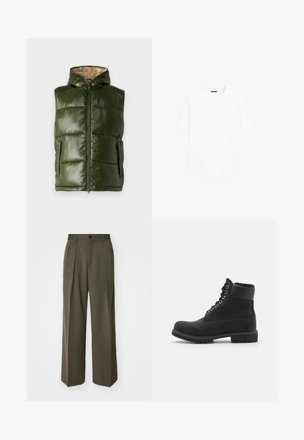 Grüne Steppweste mit Kapuze, glänzender Oberfläche, Reißverschluss und zwei Seitentaschen. Innenfutter ist beige.; Weißes Baumwoll-T-Shirt mit kurzen Ärmeln, rundem Ausschnitt und geradem Schnitt. Glatte Textur ohne sichtbare Muster oder Akzente.; Filippa K WIDE TROUSERS - Stoffhose - driftwood; Schwarze Knöchelstiefel aus Wildleder mit Gummisohle, ausgestattet mit metallischen Ösen, Schnürsenkeln und einem weichen Kunstfellkragen am oberen Rand.