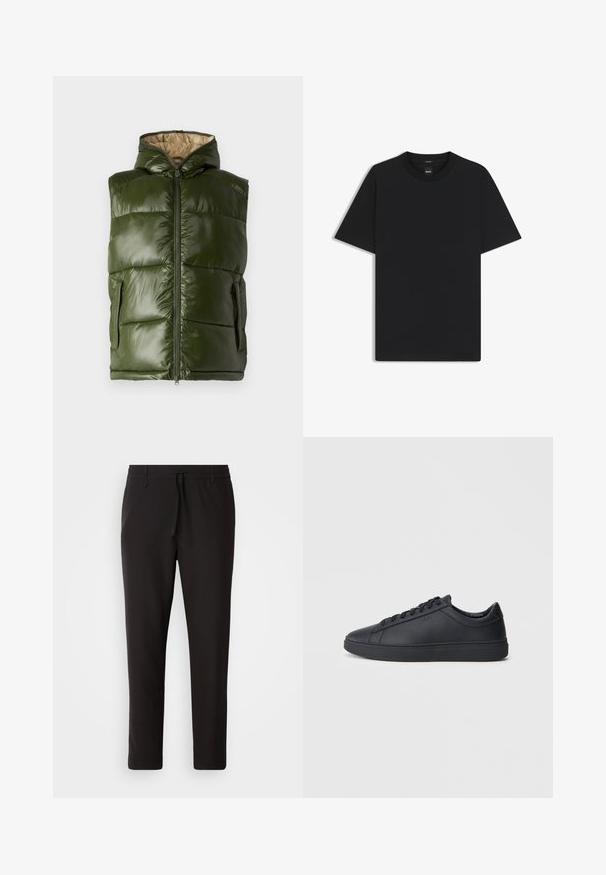 Green puffer vest with a hood, featuring a shiny finish, zip closure, and two side pockets. Interior lining is beige.; Black short-sleeve T-shirt made from a smooth cotton blend, featuring a crew neckline and a minimalistic design with no patterns or accents.; Black jogger pants made of smooth fabric. Feature an elastic waistband with a drawstring, tapered legs, and no visible pockets. Simple design.; Black sneakers made of smooth leather with a low-top design, round toe, and flat rubber sole. Features laces and subtle branding.