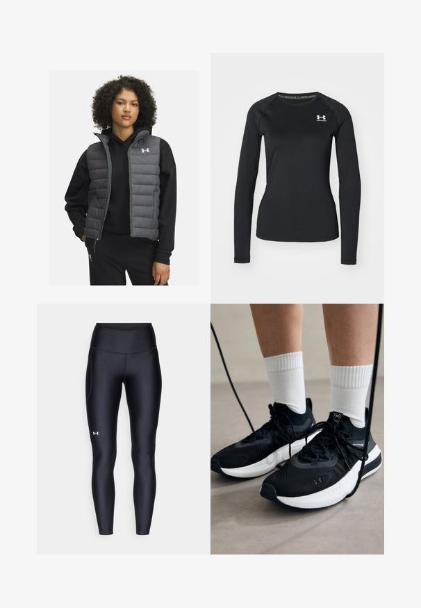 Usztywniona szara kamizelka z zamkiem błyskawicznym z przodu i wysokim kołnierzem, noszona na czarnej bluzie z kapturem. Posiada poziome przeszycia i logo Under Armour na klatce piersiowej.; Czarna, długosleeve'owa koszulka sportowa z gładkiego materiału, z okrągłym dekoltem i małym białym logo na lewej piersi.; Czarne legginsy wykonane z gładkiego, elastycznego materiału z wysokim stanem. Posiadają białe logo na lewym udzie oraz dopasowany krój.; Czarne buty sportowe z teksturowanym materiałem, białą podeszwą i czarnymi sznurowadłami. Nosi je osoba w białych skarpetkach w prążki, stojąca na jasnej powierzchni.