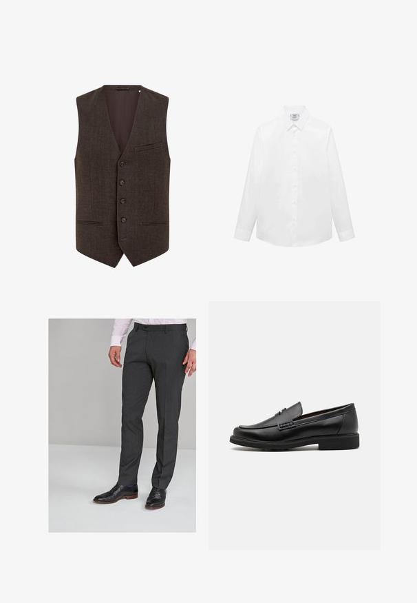 Brun väst i ullblandning med V-ringning, femknappsfront, två fickor med smala infällningar och en slät innerfoder.; Vit långärmad skjorta i slät tyg, med en klassisk krage, knäppning fram och rundad avslutning. Minimalistisk design utan mönster.; Grå skräddarsydda byxor med en slät textur, med rak front och bälteshällor, tillsammans med svarta finskor.; Svart syntetiska loafers med en framträdande söm på framsidan, vadderad sula och platt gummiyttersula; elegant design med minimalt detaljerad.