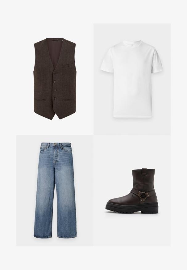 Braune Wollmischung-Weste mit V-Ausschnitt, fünfknöpfiger Front, zwei Taschen mit schmalen Klappen und einem glatten Innenfutter.; Weißes kurzärmliges T-Shirt aus weicher Baumwolle. Verfügt über einen runden Halsausschnitt und einen geraden Saum mit minimalen Details.; Weite blaue Denim-Jeans mit einer ausgewaschenen Optik, Fünf-Taschen-Design und einer Knopfverschluss. Ausgestattet mit Gürtelschlaufen und gestickten Details.; Braune Leder-Stiefelette mit quadratischer Zehenform, Schnallenakzenten und einer dicken schwarzen Sohle. Verfügt über einen seitlichen Reißverschluss und eine strukturierte Oberfläche.