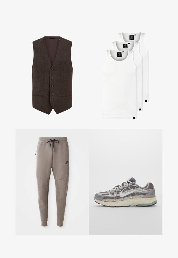 Brun väst i ullblandning med V-ringning, femknappsfront, två fickor med smala infällningar och en slät innerfoder.; Tre vita ribbade linnen i bomull. Har rund halsringning och små svarta etiketter vid fållen. Finns i flera storlekar.; Grå Nike sweatpants med dragsko i midjan, avsmalnande ben, sidofickor och tydlig sömdekoration. Mjuk, strukturerad tyg.; Grå atletiska sko med en överdel av mesh och mocka, vita accenter, en vadderad sula och en unik design med reflekterande element.