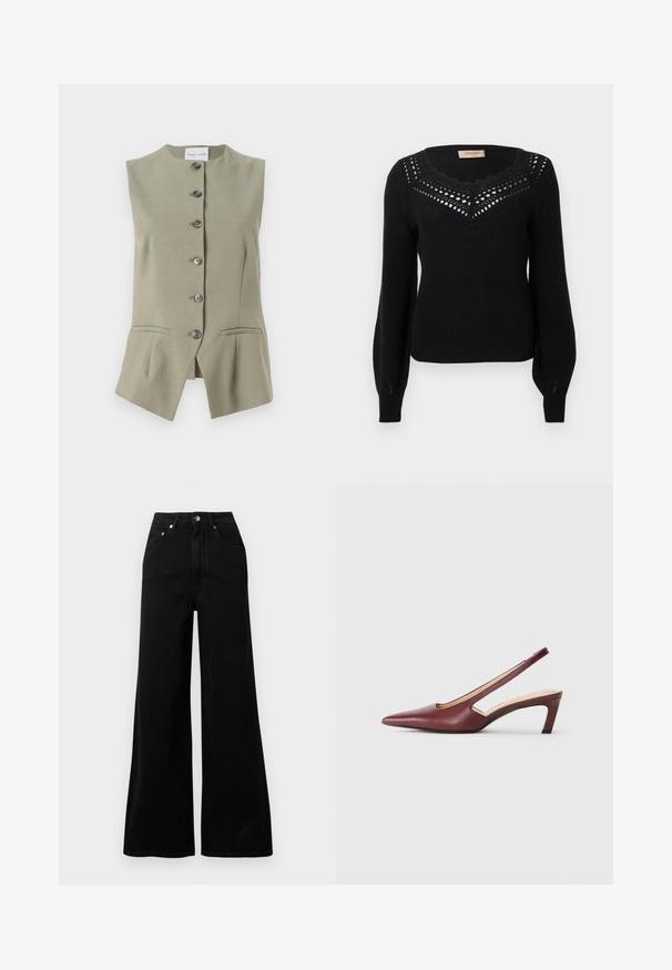 Sleeveless green linen vest with a high neckline, six front buttons, and two side pockets, featuring a tailored fit and a slightly flared hem.; Black sweater with a ribbed texture, scalloped neckline, and openwork detail at the chest. Long sleeves and fitted waist.; Black wide-leg jeans made from denim, featuring a high waist, five pockets, front button closure, and minimal stitching details.; Burgundy slingback heels with a pointed toe, cutout details on the side, and a mid-height block heel. Smooth leather finish.