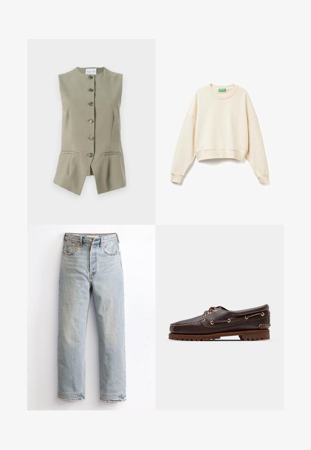 Ärmellose grüne Leinenweste mit hohem Kragen, sechs Frontknöpfen und zwei seitlichen Taschen, mit taillierter Passform und leicht ausgestelltem Saum.; Ecrufarbenes, gekürztes Sweatshirt aus weichem Stoff. Hat einen weiten Ausschnitt, lange Ärmel, gerippte Bündchen und subtile gestickte Logodetails.; Helle blaue Jeans mit geradem Bein, ausgestattet mit einem ausgefransten Saum, kupfernen Nieten und einem klassischen Fünf-Taschen-Design.; Braune Lederbootsschuhe mit goldenen Ösen, runden Schnürsenkeln und einer strukturierten braunen Gummisohle. Verfügt über genähte Details und ein erhabenes Logo.