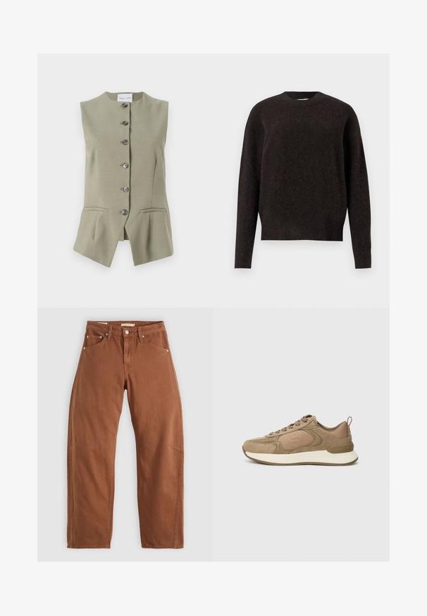 Varrukateta roheline linane vest kõrge kaelusega, kuue esitukuga ja kahe küljekotiga, millel on kohandatud lõige ja veidi laienev serv.; Samsøe Samsøe ANOUR - Džemper - black coffee; Rostpruun sirged püksid ees- ja taga-taskutega, metallist nurgad, nööbiga sulgemine ja vööloopidega, lamades tasaseks valgel taustal.; Bež sportlikud, millel on seemisnahast ja siledad paneelid, ümmargune kuju, kontrastne valge vaheking ja nööbid. Küljel on reljeefne logo.