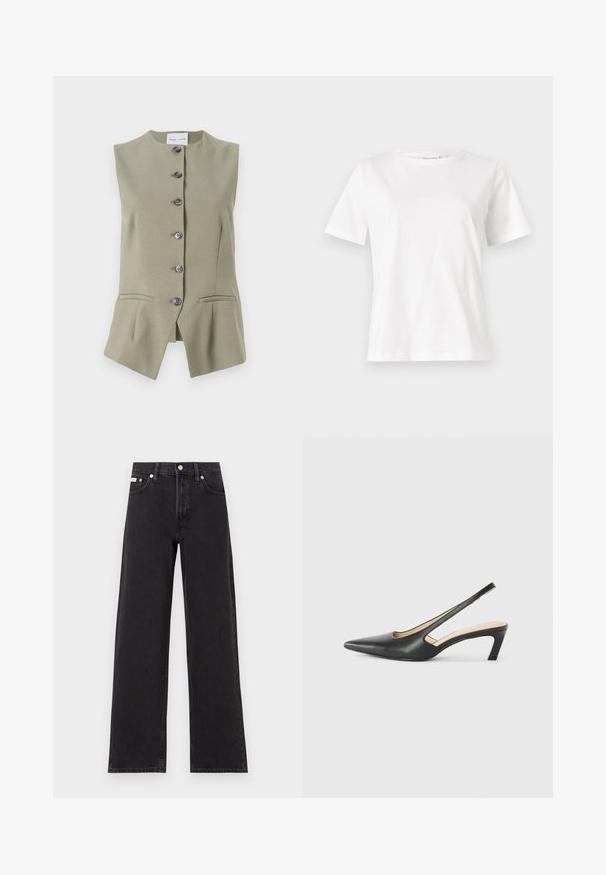Bezrukávý zelený lněný vest s vysokým výstřihem, šesti předními knoflíky a dvěma bočními kapsami, nabízí střih na míru a mírně rozšířený lem.; Bílý bavlněný tričko s krátkým rukávem, kulatým výstřihem a volnějším střihem. Hladká textura, bez vzorů nebo akcentů, minimalistický design.; Černé široké jeansy vyrobené z denimu, s vysokým pasem, pěti kapsami a kovovým zapínáním s kontrastním prošíváním.; Černý špičatý slingback s nízkým podpatkem, vyrobený z hladké kůže, s výřezem na boku pro lepší prodyšnost.