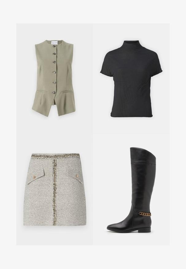 Ärmellose grüne Leinenweste mit hohem Kragen, sechs Frontknöpfen und zwei seitlichen Taschen, mit taillierter Passform und leicht ausgestelltem Saum.; Schwarzes, kurzärmliges Turtleneck-Oberteil aus leichtem Stoff mit glatter Textur und figurbetonter Passform, ausgestattet mit einem hohen Kragen.; Wolltweed-Rock im weißen und schwarzen Fischgrätenmuster, verfügt über zwei Fronttaschen und einen Reißverschluss in goldfarbener Optik auf der Rückseite mit fransigen Kanten.; Hohe schwarze Lederstiefel mit elegantem Design, spitzer Zehe und einem goldenen Kettenakzent am Knöchel. Tiefer Blockabsatz. Glatte Textur.