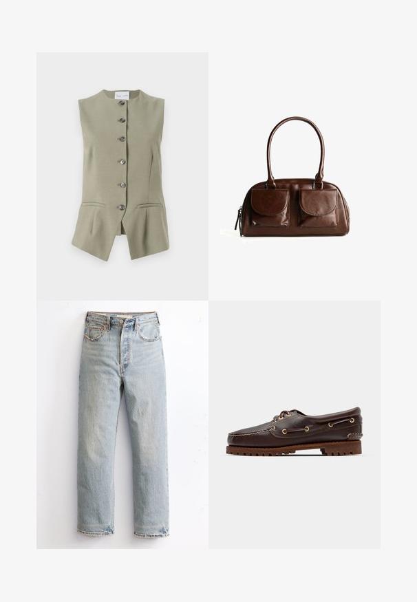 Ärmlös grön linneväst med hög halsringning, sex framknappar och två sidofickor, med en skräddarsydd passform och en något utflarad fåll.; Långärmad tröja med rund hals i krämfärg med horisontella vinröda ränder, med en avslappnad passform och mjuk, slät tygtextur.; Ljusblå denimjeans med rak ben-design, som har en sliten fåll, kopparnitar och en klassisk femficksstil.; Bruna lädersko med båtstil, guldögon, runda skosnören och en texturerad brun gummisula. Har sydda detaljer och en upphöjd logotyp.; Brun läderhandväska med två framfickor med klaff, rundade handtag och en dragkedja på sidan mot en vit bakgrund.