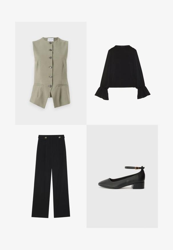 Mouwloze groene linnen vest met een hoge halslijn, zes knopen aan de voorkant en twee zijzakken, met een getailleerde pasvorm en een licht uitlopende zoom.; Zwarte langemouwen top met uitlopende manchetten, een zachte textuur en een relaxed fit, met een eenvoudige ronde halslijn.; Zwarte wijde broek met hoge taille, knoopdetails op de tailleband en plooien aan de voorkant.; Zwarte leren pump met een spitse neus en een lage blokhak. Beschikt over een enkelband met een goudkleurige gespsluiting. Gladde textuur.