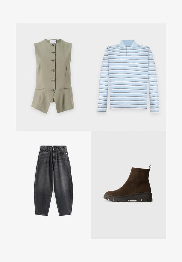 Varrukateta roheline linane vest kõrge kaelusega, kuue esitukuga ja kahe küljekotiga, millel on kohandatud lõige ja veidi laienev serv.; Hele sinine pikkade varrukatega polo-särk, millel on horisontaalsed hallid ja valged triibud ning krae.; Kõrgelt vööst mustad teksad, millel on lõdva lõige, viis taskut, vööloopidesse ja brändi silt vöökohtadel.; Pruun nahast pahkluu saabas, millel on tugev must kummitald, kerge konts ja tagumine tõmbetöödeldud osa, mis muudab selga panemise lihtsamaks.