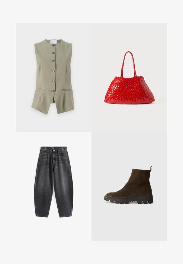 Bešvarkis žalias lino liemenė su aukštu kaklu, šešiais priekiniais mygtukais ir dviem šoninėmis kišenėmis, pasižymintis pritaikytu kirpimu ir šiek tiek platėjančiu apmušalu.; Šviesiai mėlynas ilgomis rankovėmis polo marškinėliai su horizontaliomis pilkomis ir baltomis juostelėmis bei apykakle.; Aukštos liemens juodi džinsai su laisvu siluetu, kurie turi penkis kišenes, diržo kilpas ir prekės ženklo etiketę ant juosmens.; Rudos zomšiniai auliniai batai su masyvi juoda guminėmis padais, turintys šiek tiek pakylą ir kilpą gale, kad būtų lengva užsidėti.; Raudona pintinė rankinė su blizgiu paviršiumi, turinti pintas rankenas. Išskirtinė trikampė forma ir tekstūruotas paviršius su tankiu raštu.