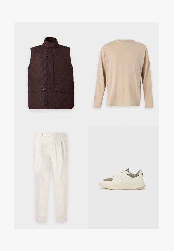 Barna tűzött mellény magas gallérral, patentgombokkal és két elülső zsebbel. Gyémántmintás és sima textúrájú.; Beige, hosszú ujjú ing, puha anyagból, egyenes fazonban, kerek nyakkivágással, minimális varrási részletekkel az alján és az ujjain.; Fehér, pliszírozott nadrág, testre szabott szabással, sima felülettel, övhurkokkal és karcsú lábszárral. Nincs látható zseb vagy minta.; Fehér és világos bézs sportcipő, légies hálós felsőrésszel, perforált részletekkel és texturált középtalppal, amelyen a saroknál a márka logója található.