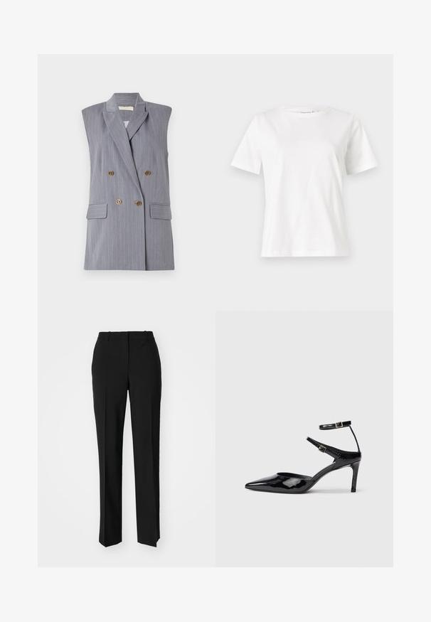 Sivi bez rukava blejzer s prugicama, dvostrukim kopčanjem sprijeda, zlatnim dugmadi i bočnim džepovima. Glatka tekstura tkanine.; Bijela pamučna majica s kratkim rukavima, okruglim izrezom i opuštenim krojem. Glatka tekstura, bez uzoraka ili akcenata, minimalistički dizajn.; Crne krojene hlače ravnog kroja, s glatkom teksturom i oštrim pregibima naprijed. Bez vidljivih metalnih dijelova.; Crne lakirane cipele s visokom potpeticom, špicastim prstom, podesivim naramenicama i tankom potpeticom. Glatka tekstura s sjajnom završnom obradom.