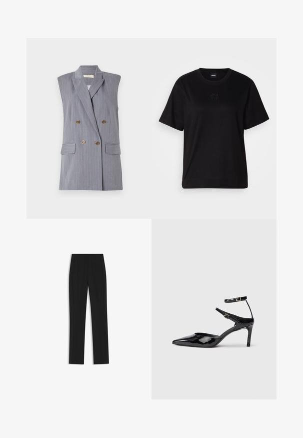 Grauer ärmelloser Blazer mit Nadelstreifen, doppelt geknöpftem Front, goldfarbenen Knöpfen und Seitentaschen. Glatte Stoffoberfläche.; Schwarzes Baumwoll-T-Shirt mit Rundhalsausschnitt, kurzen Ärmeln und aufgesticktem Logo auf der Brust. Einfacher, lässiger Schnitt ohne Muster.; Schwarze maßgeschneiderte Hose mit geradem Bein, ausgestattet mit Fronttaschen und einem glatten, strukturierten Stoff. Saubere, minimale Details.; Schwarze Lacklederabsätze mit spitzer Zehenpartie, verstellbaren Knöchelriemen und einem schlanken Absatz. Glatte Textur mit glänzender Oberfläche.