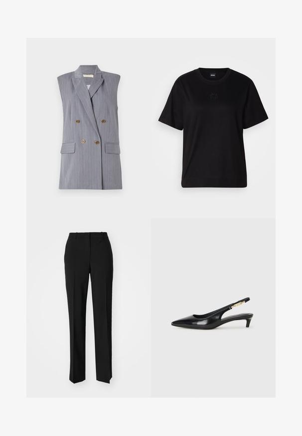 Pilkas be rankovių švarkas su smulkiomis juostelėmis, dvigubo užsegimo priekis, auksinės spalvos mygtukai ir šoniniai kišenės. Lygi audinio tekstūra.; Juodas medvilninis marškinėliai su apvalia iškirpte, trumpomis rankovėmis ir siuvinėjimu ant krūtinės. Paprastas, laisvas siluetas be raštų.; Juodi pritaikyti kelnių modeliai su tiesiomis kojomis, pasižyminčios lygiomis tekstūromis ir ryškiomis klostėmis priekyje. Nėra matomų detalių.; Juodas odinis pavasario batelių modelis su smailiu nosiu, turintis siaurą kulniuką ir auksinės spalvos akcentu reguliuojamoje juostoje. Lygi tekstūra.