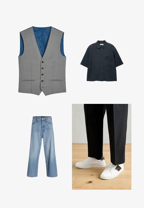 Next SIGNATURE PLAIN SUIT: WAISTCOAT - Kamizelka garniturowa; Ciemnoniebieska koszula na krótki rękaw zapinana na guziki, wykonana z lekkiego materiału, z kieszonką na piersi i klasycznym wzorem kołnierzyka.; Jasnoniebieskie spodnie dżinsowe z szerokimi nogawkami, wykonane z denimu, z wysokim stanem, klasycznym pięciopocketowym designem oraz zapięciem na guzik z suwakiem.; Białe trampki o gładkiej fakturze, z brązowymi skórzanymi akcentami i czarnymi detalami, zestawione z czarnymi eleganckimi spodniami. Tło stanowi drewniana podłoga.