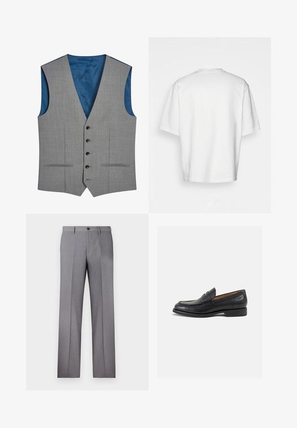 Next SIGNATURE PLAIN SUIT: WAISTCOAT - Gilet elegante - gray; T-shirt bianco a maniche corte, vestibilità ampia, collo rotondo, in morbido cotone, retro senza decorazioni, orlo dritto, senza fantasie o dettagli.; Pantaloni grigi su misura con frontale piatto, due tasche laterali e chiusura a un bottone. Tessuto liscio con un sottile motivo a righe verticali.; Mocassini in pelle nera con finitura liscia, punta arrotondata e cuciture decorative sulla tomaia. Tacco basso impilato e leggero lucido.