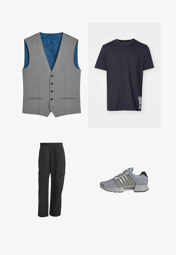 Next SIGNATURE PLAIN SUIT: WAISTCOAT - Puvun liivi - gray; Mustapaita, jossa on pyöreä kaula-aukko, lyhyet hihat ja valkoinen logopatchi alhaalla. Sileä tekstuuri, normaali mitoitus.; Mustat cargo-housut, joissa on elastinen vyötärö, sivutaskut, vapaa istuvuus ja teksturoitu kangas. Suunniteltu mukavuutta ja käytännöllisyyttä varten.; Harmaat urheilukengät, joissa on teksturoitu verkkomateriaali, läpinäkyvät yksityiskohdat ja kolme hopeista raitaa. Varustettu pehmustetulla pohjalla ja kumipohjalla.