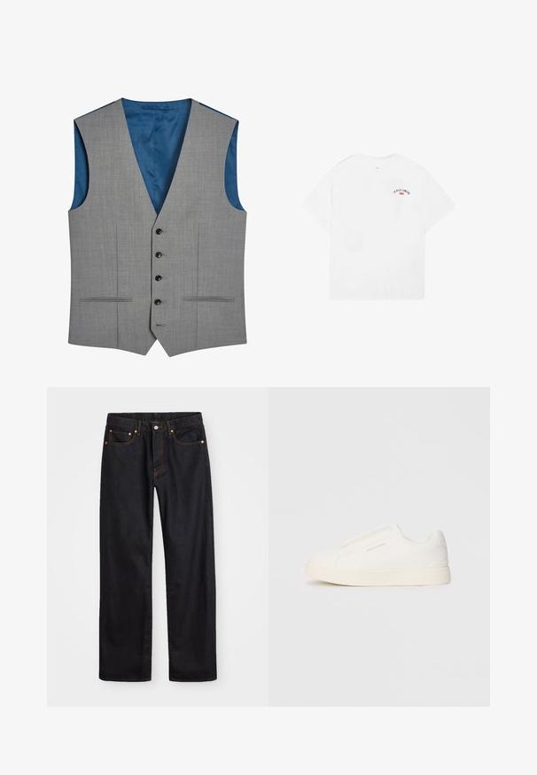 Next SIGNATURE PLAIN SUIT: WAISTCOAT - Chaleco de traje - gray; Camiseta blanca de algodón con mangas cortas, cuello redondo y un pequeño gráfico que dice "LA VILLE LUMIÈRE" en negro y rojo en la parte superior de la espalda.; Jeans de mezclilla negros de pierna recta para hombre, con cinco bolsillos y costuras en color naranja, cierre de botón y cremallera en la parte delantera de la cintura.; Zapatillas blancas tipo slip-on con una superficie texturizada, suela gruesa y diseño minimalista. Presenta el logo de la marca en un lado.