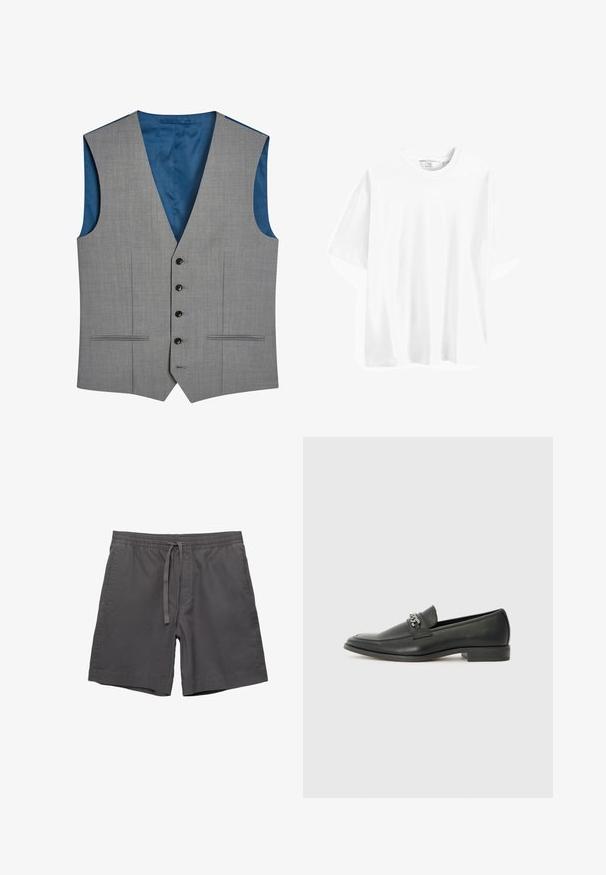 Next SIGNATURE PLAIN SUIT: WAISTCOAT - Vesta do obleku - gray; Bílá bavlněná tričko s krátkým rukávem, kulatým výstřihem, volným střihem a hladkou texturou. Bez viditelných vzorů nebo akcentů.; Šedé bavlněné šortky s pružným pasem, nastavitelnou šňůrkou, bočními kapsami a uvolněným střihem. Hladká textura a délka ke kolenům.; Černé kožené mokasíny s hladkým povrchem, s prošívaným designem a dekoračním kovovým řetízkem přes nárt. Plochý podpatek.