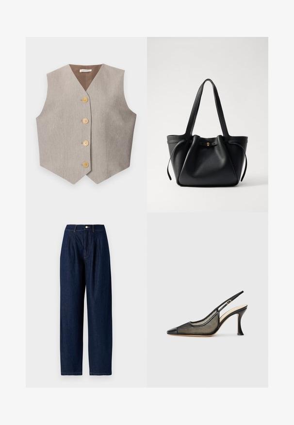 Bėgio be rankovių liemenė su išpjovimu ant apykaklės, turinti keturis apvalius auksinius mygtukus priekyje ir lygią tekstūrą.; Juodas trumpomis rankovėmis marškinėliai, pagaminti iš švelnaus medvilnės, su apskritu kaklu ir laisvu siluetu, su subtiliu surinkimu šone.; Tamsiai mėlyni džinsai su aukštu liemeniu, plačiomis kojomis, priekine raukšle, sidabriniu mygtuko užsegimu ir geltonomis siuvinėjimo detalėmis.; Juodas nėriniuotas aukštakulnis batelis su smailiu kojų pirštu, tinkliniais akcentais ir lygiai odiniu viršumi. Spalvos: juoda ir kreminės akcentai.; Juodas odinis rankinis krepšys su dviem ilgom diržais, surišamu viršumi ir auksiniu apvaliu akcentu. Lygus paviršius su minimalistiniu dizainu.