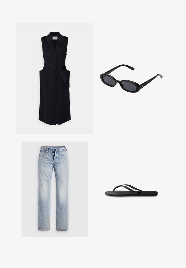 IVY OAK CLARISSA - Weste - navy blue; Weißes Baumwoll-T-Shirt mit kurzen Ärmeln, Rundhalsausschnitt und lockerer Passform. Glatte Textur und schlichtes Design, keine Muster oder Akzente.; Hellblaue Denim-Jeans mit geradem Bein, einem Fünf-Knopf-Reißverschluss und Gesäßtaschen mit subtilen Stickdetails.; Schwarze Flip-Flops mit einer strukturierten Gummisohle, zwei schlanken Riemen und einem dezenten, geprägten Logo-Detail auf dem Riemen.; Schwarze, oversized Sonnenbrillen mit ovalen Gläsern, glattem Kunststoffrahmen und goldenen Akzenten an den Bügeln. Die dunklen Gläser bieten Sonnenschutz.; DRAGON DIFFUSION MINI FLAT GORA - Handtasche - dark brown