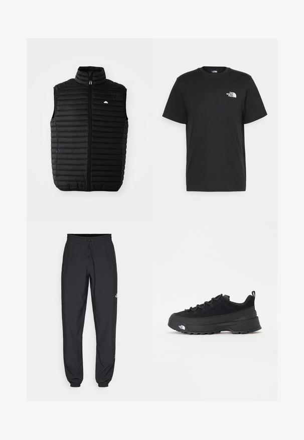 Μαύρο επενδυμένο αμάνικο γιλέκο με ψηλό γιακά, μπροστινό φερμουάρ και πλαϊνές τσέπες. Διαθέτει οριζόντια ραμμένα σχέδια και μικρό λογότυπο στο στήθος.; Μαύρο βαμβακερό t-shirt με κοντά μανίκια, στρογγυλή λαιμόκοψη και μικρό λευκό λογότυπο στην αριστερή πλευρά του στήθους. Απλός σχεδιασμός, λείο υλικό και άνετη εφαρμογή.; Μαύρη αθλητική παντελόνι κατασκευασμένο από ελαφρύ ύφασμα, με ζώνη που ρυθμίζεται με κορδόνι, πλευρικές τσέπες και στενές μανσέτες στους αστραγάλους.; Μαύρο εξωτερικό αθλητικό παπούτσι με σουέτ άνω μέρος, υφασμένο καουτσούκ σόλα και ανθεκτικό σύστημα δέσης. Διαθέτει ενισχυμένη φτέρνα και λογότυπο της μάρκας στο πλάι.