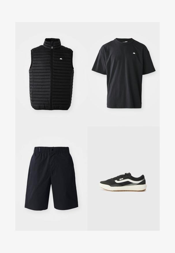 Fekete párnázott ujjatlan mellény magas gallérral, elöl cipzárral és oldalsó zsebekkel. Horizontálisan steppelt kialakítás, és kis logó a mellen.; Fekete pamut póló, laza szabású, rövid ujjú, kerek nyakú, és egy kis fehér logóval a mellkason. Sima textúra.; Fekete, könnyű anyagból készült sort, lapos elejével, rugalmas derékkal és oldalsó zsebekkel. Egyszerű dizájn, minta nélkül.; Fekete sneakers fehér kiegészítőkkel, sima szintetikus felsőrésszel, kerek formával és gumitalppal, világos bézs nadrággal párosítva.