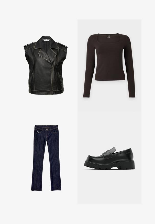 Schwarze Lederweste mit einem klassischen Motorraddesign, featuring einen eingekerbten Kragen, einen Reißverschluss und Schulterklappen. Betonte Nähte.; Schwarzes, langärmliges, figurbetontes Oberteil mit quadratischem Ausschnitt, gekennzeichnet mit GAP, vor einem weißen Hintergrund präsentiert.; Dunkelblaue Denim-Jeans mit geradem Bein, ausgestattet mit einer vorderen Knopfverschluss, fünf Taschen und sichtbaren Nähten entlang der Nähte.; Schwarze Leder-Loafers mit einer chunky strukturierten Sohle, ausgestattet mit einem Riemen über dem Spann und einer glatten, polierten Oberfläche.