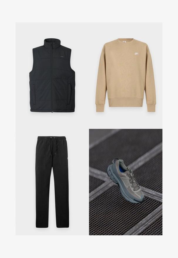 Črn puhovka brez rokavov z visokim ovratnikom, zadrgo spredaj in stranskimi žepi. Opremljena je s kvadratnim teksturo in diskretnim logotipom na prsih.; Bež Nike sweatshirt s krojem, dolgimi rokavi in belim logotipom na prsih. Tkanina se zdi mehka z gladko teksturo.; Črne trenirke iz flisa, z elastičnim pasom in vrvico, dvema sprednjima žepoma ter majhnim logotipom na stegnu.; Bež in siva športna čevlja z teksturiranim mrežastim zgornjim delom, okroglem nosu in gumijastim podplatom, opremljena z vezalkami in oblazinjenim ovratnikom.