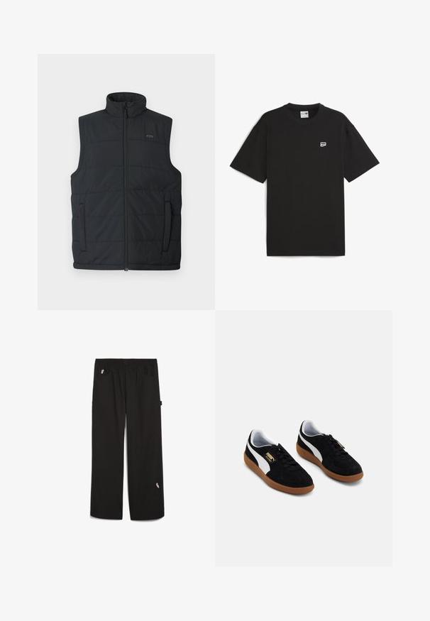 Crni pufasti prsluk s visokim ovratnikom, zatvaračem sprijeda i bočnim džepovima. Sadrži kvadratni uzorak i diskretno brendiranje na prsima.; Crna majica kratkih rukava od pamuka, s okruglim izrezom i malim bijelim logom na prsima. Jednostavan, opušteni kroj.; Crne hlače s elastičnom trakom u struku, dva prednja džepa i mali vezeni detalj na donjem dijelu nogavice. Izrađene od laganog materijala.; Crne pamučne tenisice s bijelim bočnim trakama, vezanje na vezice i guma od kaučuka. Zlatni logo detalj sa strane.