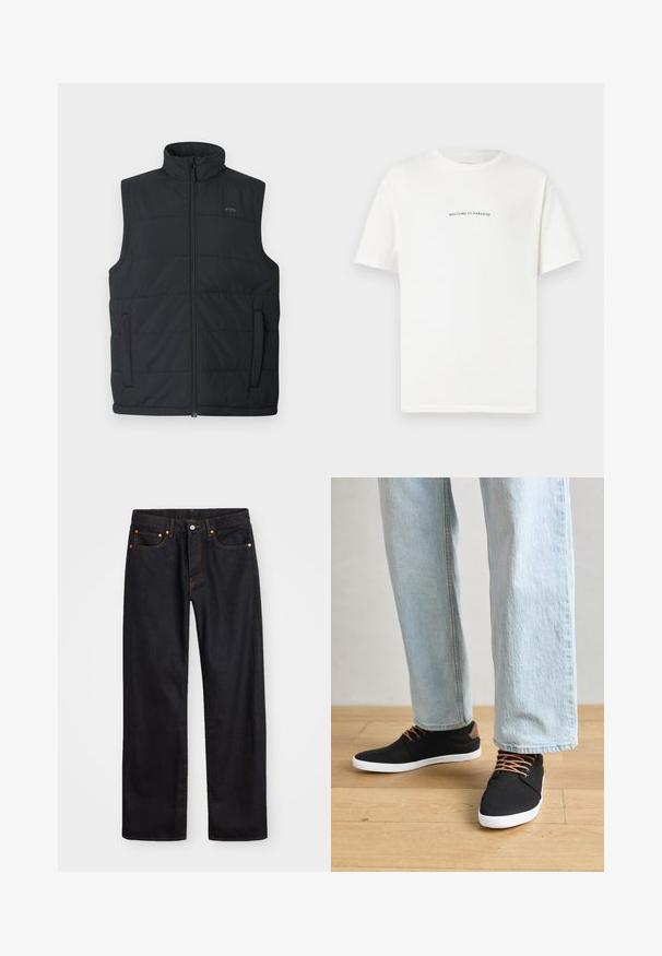 Svart boblevest med høy krage, glidelås foran og sidelommer. Har quiltet tekstur og subtil merking på brystet.; Hvit bomull t-skjorte med korte ermer og rund hals. Midt på t-skjorten står teksten "VELKOMMEN TIL PARADIS" i en buet grønn skrift.; Men's straight-leg svarte denim jeans med fem lommer og oransje søm, knapp og glidelås lukking foran på midjen.; svarte lerrets sneakers med brune aksenter, hvite gummisåler og brune snørebånd, sammen med lyseblå rette jeans. Bakgrunn med tregulv.