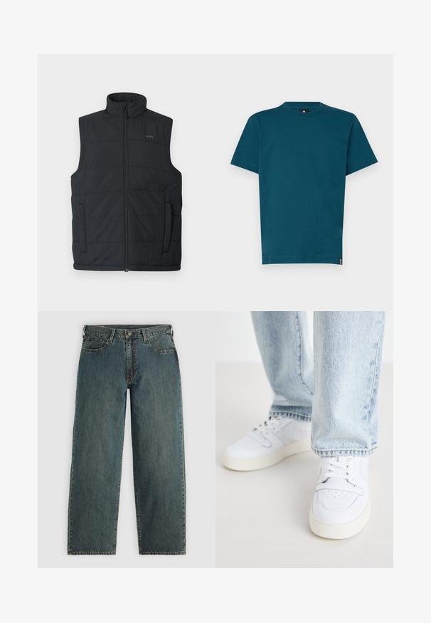 Colete puffer preto com gola alta, fecho de zip e bolsos laterais. Apresenta uma textura acolchoada e uma marcação subtil no peito.; T-shirt de algodão teal com decote redondo e mangas curtas. Apresenta um corte reto e um pequeno rótulo da marca na lateral. Textura suave.; Jeans de denim de perna reta em azul escuro com fecho de botão e ziper, bolsos frontais e passadores de cinto em um fundo cinza claro.; Sneakers brancos de couro de cano baixo com biqueira perfurada, atacadores planos e design minimalista. Combinados com jeans de ganga de cor azul clara.