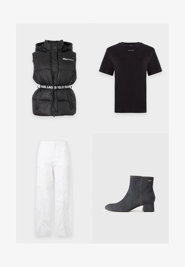 Colete puffer preto com alta gola, cinto elástico com logótipo e bolsos laterais. Textura lisa e brilhante com padrão acolchoado.; T-shirt preta de algodão com mangas curtas, decote redondo e pequeno logótipo branco "Calvin Klein" no peito. Textura suave, ajuste clássico.; Calças brancas de perna larga feitas de um tecido leve, com uma textura suave, linhas limpas e um design de cintura alta.; Bota de tornozelo em denim escuro com bico pontiagudo, salto bloco, costura visível e um discreto logo da marca na lateral. Textura suave.