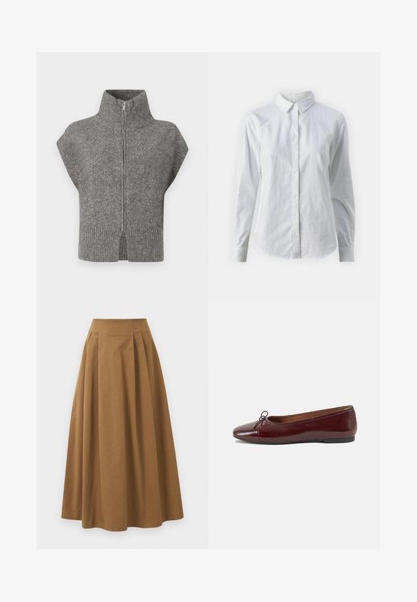 Sivi pleteni pulover s visokim ovratnikom, sprednjim zadrgo in kapicami. Rebrast rob in razporki ob straneh izboljšujeta teksturirani dizajn.; Bjela košulja na dugih rukava od glatkog pamuka, s klasičnom kragnom i zakrivljenim rubom. Dugmad su mala i bijela.; Smeđa pamučna suknja A kroja s visokim strukom, koja ima nabore sprijeda i glatku teksturu. Završetci donjeg ruba su čisti i jednostavni.; Burgundska lakirana balerinka s zaobljenim vrhom, malim mašnom sprijeda i niskom, crnom gumenom potplatu. Glatka tekstura.