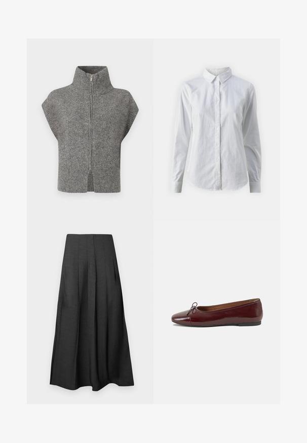 Suéter cinza tricotado com gola alta, fecho à frente e mangas em alça. A bainha canelada e os lados fendas realçam o design texturizado.; Camisa branca de botão feita de algodão suave, com colarinho clássico, mangas longas e bainha curva. Os botões são pequenos e brancos.; Saia midi plissada preta, feita de um tecido leve com uma textura suave; possui bolsos laterais e uma silhueta fluida.; Bailarinas em couro sintético borgonha com bico redondo, pequeno laço na frente e sola baixa em borracha preta. Textura suave.