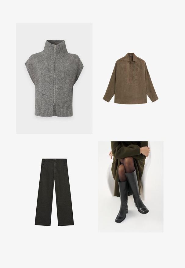 Šedý pletený svetr s vysokým límcem, předním zipem a krátkými rukávy. Žebrovaný lem a rozparky po stranách dotvářejí texturovaný design.; Hnědá semišová pulovrová košile s klasickým límcem, dlouhými rukávy a designem s předním zapínáním. Hladký povrch s jemným leskem.; Široké černé džíny s středním pasem, dvěma předními kapsami a čistým, minimalistickým designem bez viditelných ozdob.; Černé kožené boty po kolena s hranatou špičkou a blokovým podpatkem, předvedené na modelce sedící v olivově zeleném kabátu. Hladký povrch, minimalizované detaily.