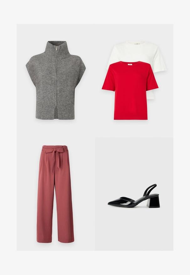 Szürke kötött pulóver magas gallérral, elől cipzárral és rövid ujjakkal. A bordázott alja és a hasított oldalak fokozzák a texturált dizájnt.; Piros és fehér pamut pólók, kerek nyakkal és rövid ujjakkal egymásra rakva. Egyszerű dizájn, sima textúra, és nincsenek látható minták vagy kiegészítők.; Széles lábú nadrág poros rózsaszín színben, puha anyagból készült, derekán megkötős övvel és oldalzsebekkel.; Fekete lakk bőr szandálkés magas sarkú cipő, hegyes orral és geometrikus tömbsarkakkal. Karcsú, minimalista dizájn és sima textúra jellemzi.