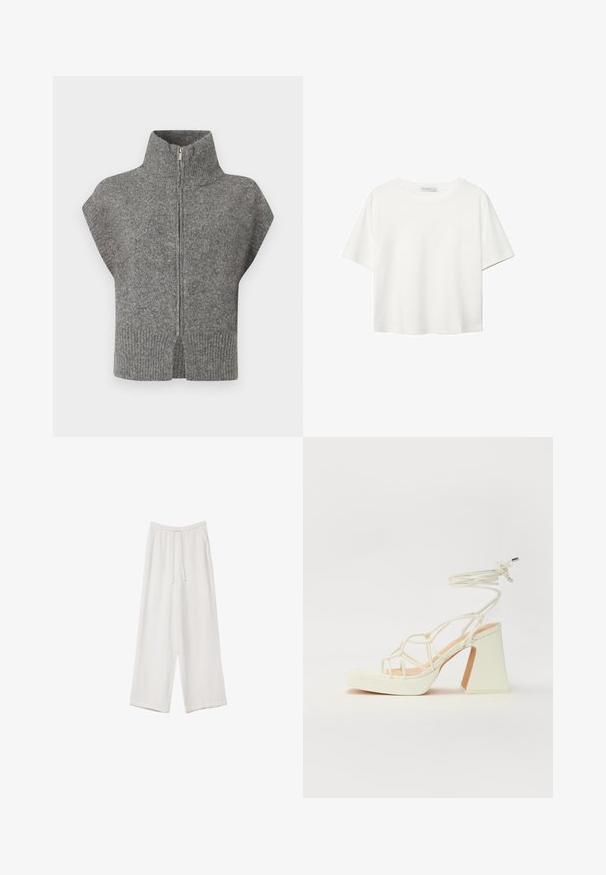 Harmaa neulepusero, jossa on korkea kaulus, etuvetoketju ja hihattomat varret. Ribbaatunut helma ja halkiot sivuilla korostavat tekstuurista muotoilua.; Valkoinen lyhythihainen T-paita, joka on tehty puuvillasta. Siinä on pyöreä kaula-aukko ja rento malli. Silkkinen pinta ilman näkyviä kuvioita tai koristeita.; Valkoiset leveälahkeiset housut kevyestä kankaasta. Ominaisuuksiin kuuluu elastinen vyötärö, jossa on nauhakuuluma ja sivutaskut. Sileä rakenne.; Valkoinen korkokenkä, jossa on paksu korko, ja joka sisältää nauhakiinnityksen ja nilkkaketjun. Sujuva pinta, jossa on platform-etupohja lisäkorkeutta varten.