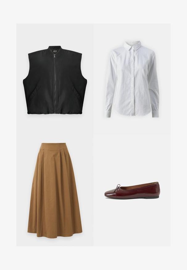 Schwarwest ärmellose Zip-Weste mit geripptem Kragen und zwei vorderen Taschen mit Druckknöpfen, flach auf einem weißen Hintergrund ausgelegt.; Weißes Hemd mit Knöpfen, aus glattem Baumwollstoff, mit klassischem Kragen, langen Ärmeln und abgerundetem Saum. Die Knöpfe sind klein und weiß.; Brauner Baumwoll-A-Linien-Rock mit hoher Taille, der vorne Falten aufweist und eine glatte Textur hat. Der Saum ist sauber und einfach verarbeitet.; Burgunderfarbenes, lackiertes Ballettschuh mit abgerundetem Zehenbereich, kleiner Schleifenakzent vorne und einer niedrigen, schwarzen Gummisohle. Glatte Textur.
