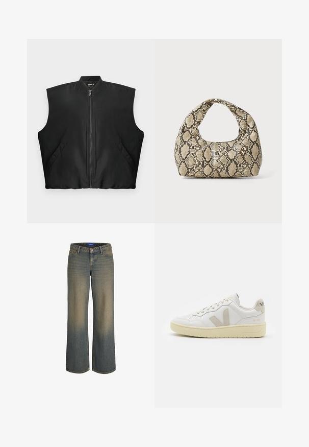 Mustat hihattomat vetoketjulliset liivit, jossa ribbireunus ja kaksi etutaskua nappikiinnityksellä, aseteltu litteäksi valkoiselle taustalle.; Valkoinen pitkähihaista paitaa, jossa on röyhelökaulus, poimutettu etuosa ja elastiset hihansuut. Pehmeä kangas, jossa on hieman teksturoitu pinta.; Laajakaariset siniset farkut, joissa on vaaleasta tummaseen isot graadit, viisi taskua ja napillinen sulku. Ompeleet reunoissa.; Valkoiset nahkakengät, joissa on vaaleanruskeat pigmenttisuojat, rei'itetty kärki, litteät nauhat ja teksturoitu kermaisa pohja. Takana on huomaamaton brändäys.; Käärmeennahkakuosiset käsilaukku, jossa on kaareva kahva. Tehty teksturoiduista beigeistä ja ruskeista materiaaleista, joissa on erottuva timanttikuvio.