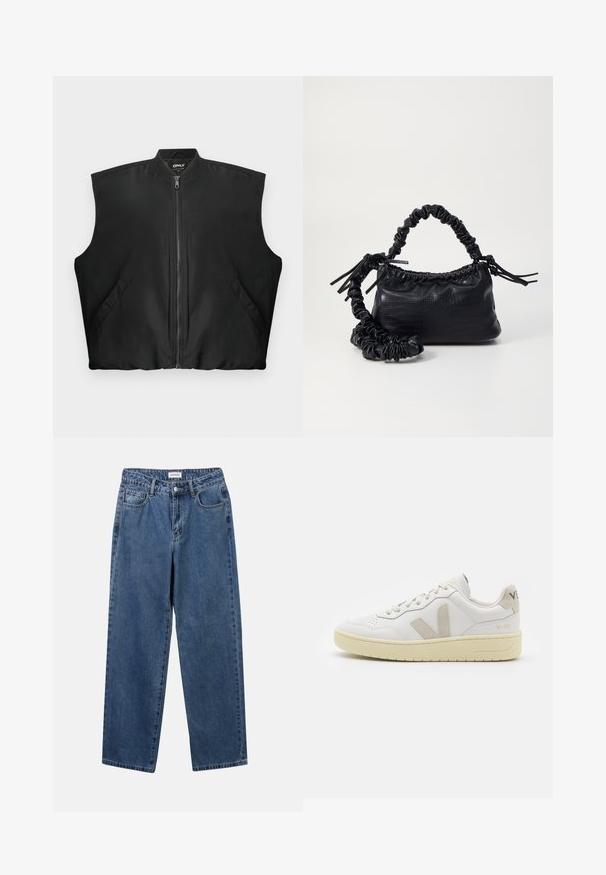 Black sleeveless zip-up vest with ribbed collar and two front pockets with snap buttons, laid flat on a white background.; YAS YASMILLE - Polo shirt - black/star white; Classic blue denim jeans with a straight-leg design, five pockets, and a button closure. Features a medium wash and sturdy texture.; White leather sneaker with beige suede accents, perforated toe box, flat laces, and a textured cream sole. Features subtle branding on heel.; Black faux leather handbag with a crocodile texture, cinched top, and a scrunched strap. Appears soft and compact in design.