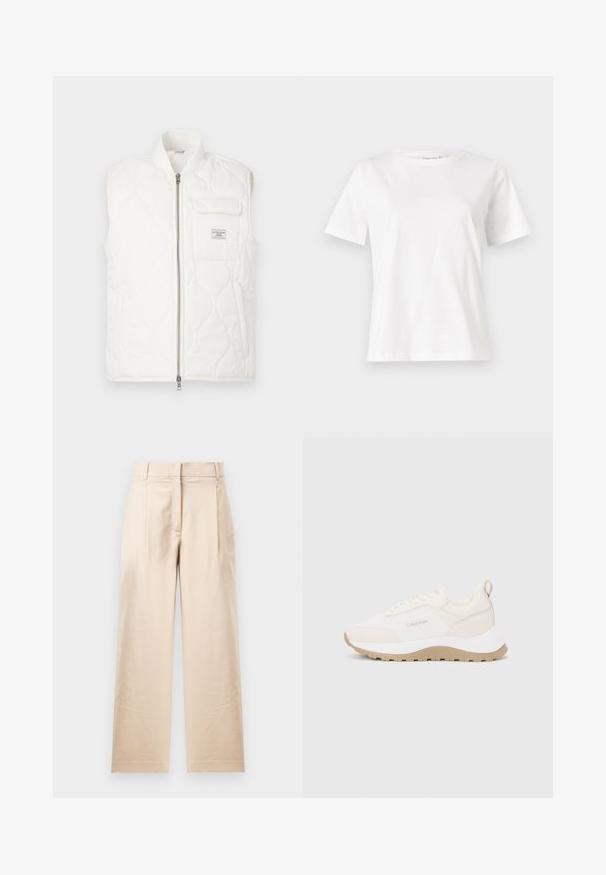 Colete branco acolchoado com um colarinho alto, fecho éclair frontal e bolso no peito. O tecido texturizado e o padrão subtil criam um design leve.; T-shirt de algodão branco com mangas curtas, decote redondo e um corte descontraído. Textura suave, sem padrões ou detalhes, design minimalista.; Calças bege feitas de um tecido suave. Apresentam um corte reto, frente lisa e duas pregas. Sem padrões visíveis ou acessórios.; Tênis Calvin Klein em creme e bege com tecido texturizado, sola robusta, fecho com atacadores e um laço no calcanhar para facilitar o uso.