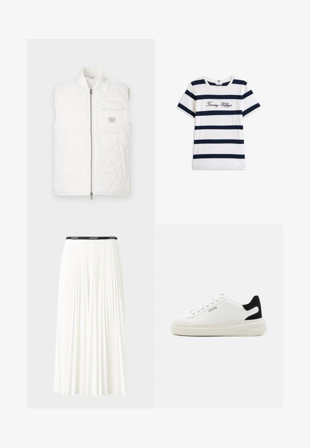 Balta siuvinėta liemenė su aukštu apykakle, priekiniais užtrauktukais ir krūtinės kišene. Tekstūruota medžiaga ir subtilus raštas sukuria lengvą dizainą.; Baltos medvilninės marškinėliai su horizontaliomis tamsiai mėlynomis juostelėmis. Ant krūtinės išsiuvinėtas „Tommy Hilfiger“ rašmuo. Apvalus iškirpimas.; Pleated balta sijonas su juodu elastiniu juosmeniu, ant kurio yra "LACOSTE" logotipas. Vidutinio ilgio dizainas su švelnia tekstūra.; Baltos odinės sportbačiai su storu baltu padu, juodu nubuko kulno akcentu ir iškilmingu logotipu šone. Su raišteliais, turinčiais šešis akinius.