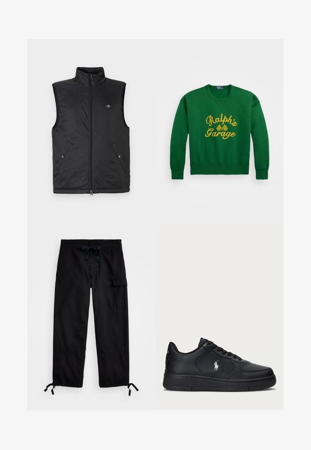 Mustast kootud vest, mis on valmistatud õhukesest ja kergest materjalist. Omab kõrget kraed, ees tõmblukku ning kahte esist taskut, mis sulguvad pressnuppudega.; Roheline sviiter ümarate kaelustega, millel on kollase värviga tikitud tekst "Ralph’s Garage" ja ruudulippude detailid. Puuvilla ja sünteetika segu materjal.; Mustad mustapüksid elastse vöökoha ja nööriga. Omavad külgtaskuid ja reguleeritavaid varrukaotsi tõmblukkudega. Valmistatud kergest kangast.; Mustad nahast tossud, millel on auguline disain, lame sidumispael ja küljes valge brodeeritud logo. Paks must kummist tald.