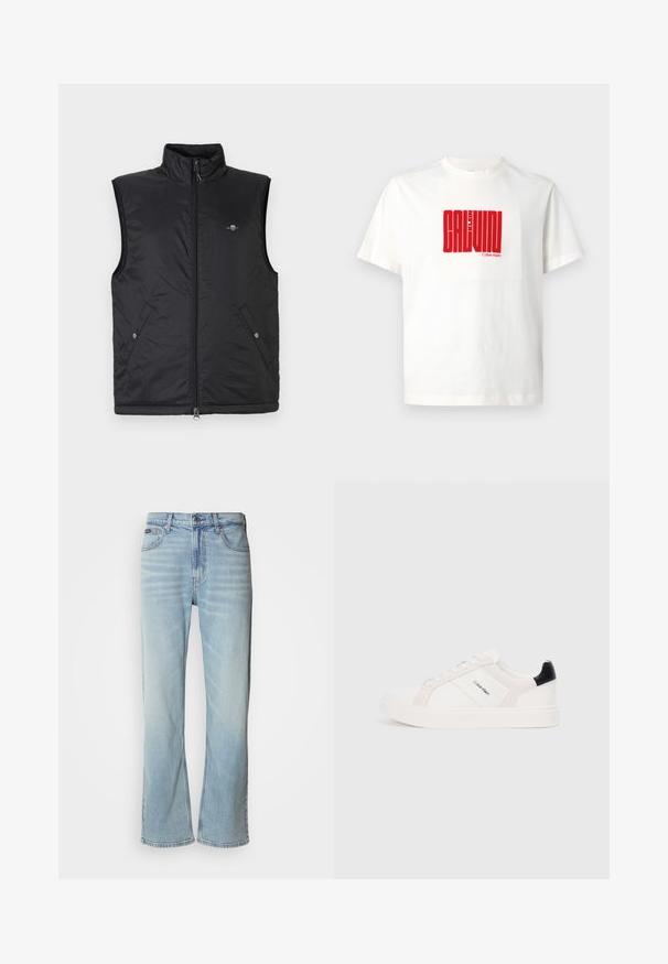 Fekete, ujjatlan mellény steppelt, könnyű anyagból. Magas gallérral, elöl cipzárral és két elülső, patentos zsebbel.; Fehér pamut póló, amelynek elején nagy piros grafikus nyomtatás található, rajta a "CALVIN KLEIN" felirattal, kerek nyakkivágással és rövid ujjakkal.; Világoskék farmernadrág egyenes szárú szabással, öt zsebbel, gombos záródással és finom kopással az anyagon.; Fehér sportcipők világos rózsaszín és fekete részletekkel, sima bőrből és velúrból készült panelek, kerek orr és lapos gumitalp.