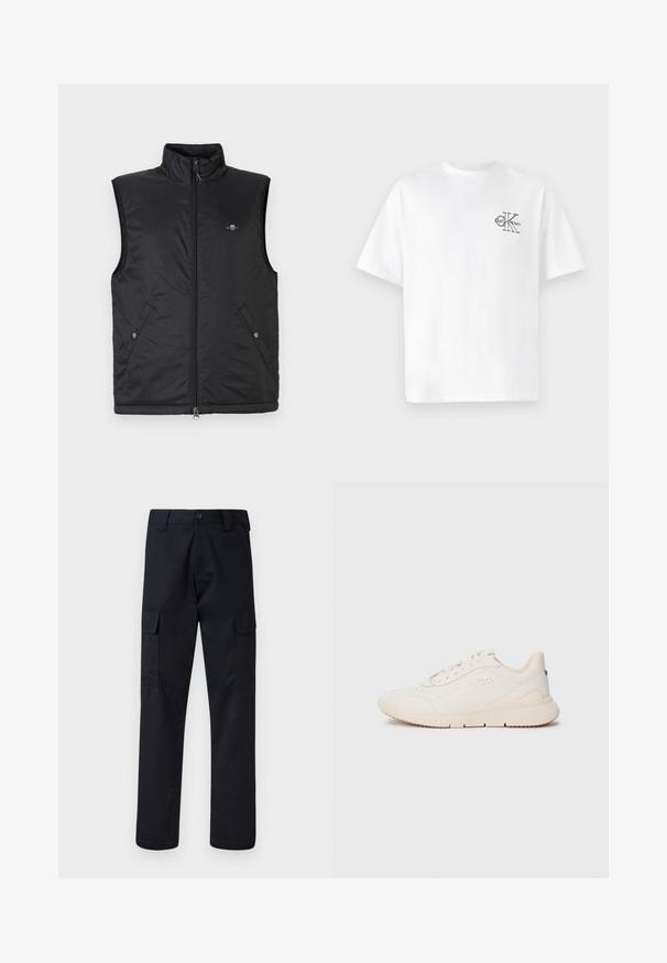 Melnas bezroku veste no viegla, pārklāta materiāla. Ar augstu apkakli, priekšpuses rāvējslēdzēju un divām priekšējām kabatām ar spiedpogām.; Balta kokvilnas T-krekls ar īsām piedurknēm, apaļo kaklu, ar melnu CK logotipu kreisajā krūšu zonā, standarta piegriezums, gluda tekstūra.; Melni kravas bikses, kas izgatavotas no izturīga auduma, ar taisnu kāju griezumu, divām sānu kabatām un pogu aizdari jostas vietā.; Baltā sneakeru apava izgatavota no teksturēta materiāla, ar gludu zoli, aizsietu priekšpusi un vieglu zīmola identifikāciju uz papēža. Minimālisma dizains.