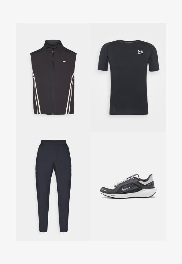 Vest negru fără mâneci cu guler înalt, având un fermoar frontal și două dungi albe pe laterale. Textură ușoară, netedă și branding minim.; Tricou sportiv scurt, de culoare neagră, dintr-un material elastic care absoarbe umiditatea. Dispune de un decolteu rotund și un mic logo alb pe piept.; Pantaloni sportivi negri cu o textură fină, croială slim, talie elastică și buzunare laterale. Prezentă un mic logo pe coapsa stângă.; Încălțăminte sport neagră și gri, cu partea superioară din plasă, accente reflectorizante și o talpă intermediară albă. Dispune de o talpă din cauciuc texturat și șireturi.