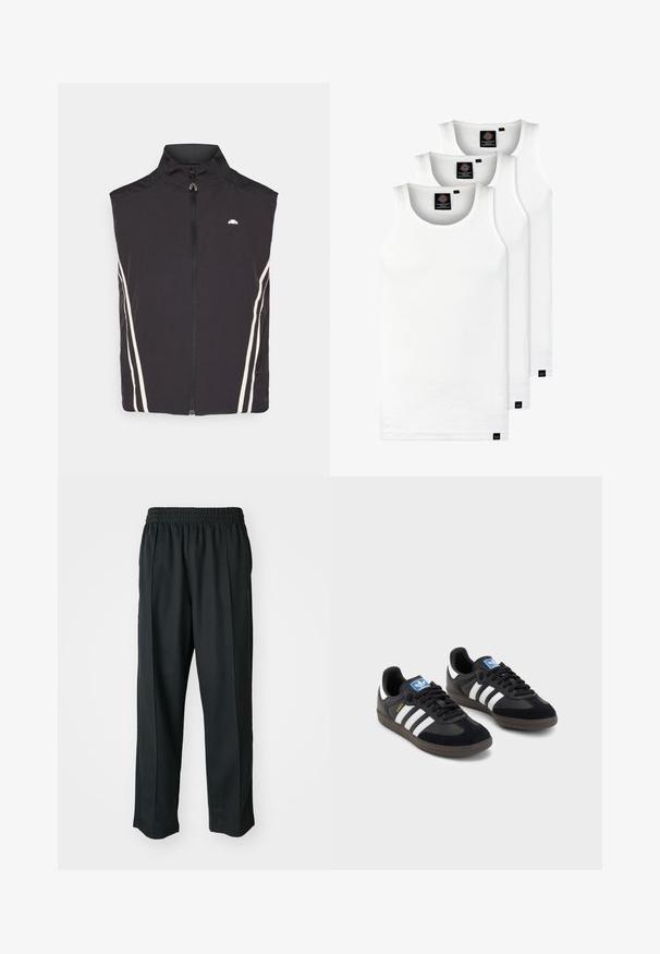 Black sleeveless vest with a high collar, featuring a front zipper and two white side stripes. Lightweight, smooth texture, and minimal branding.; Three white ribbed tank tops made of cotton. Features a crew neck and small black labels near the hem. Available in multiple sizes.; Black athletic pants with an elastic waistband, made of smooth fabric, featuring subtle side stitching and a relaxed fit, straight leg design.; Black sneakers with a suede and synthetic upper, featuring three white stripes, textured rubber sole, and blue logo tag on the tongue.